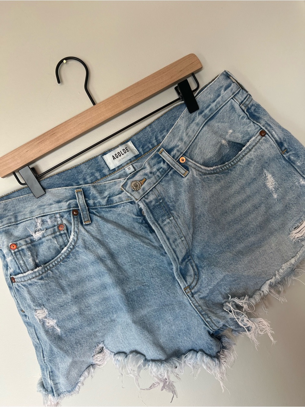 Agolde Light Wash Frayed Hem Denim Shorts